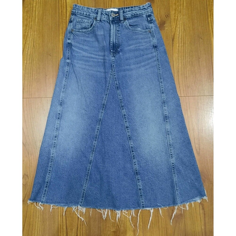 ZARA Denim High Waisted A-Line Contrasting Panels Raw Hem Long Jean Skirt Sz XS